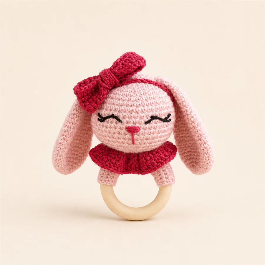 Szydełkowa grzechotka dla niemowlaka Splot Twins bestseller, handmade z miękkiej włóczki